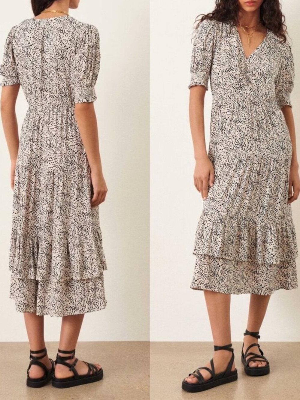 ba&sh Ivika Midi Dress Ruffle V Neck Animal Print Viscose Crepe Boho, Medium